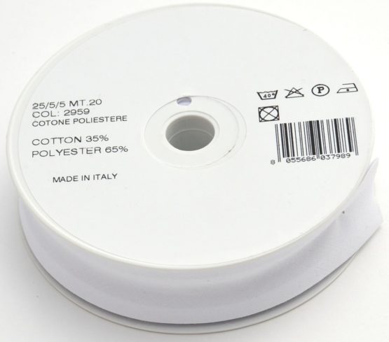Inastri 25/5/5 mm Bias Binding-Col. 2959-WHITE-20m Roll, polycotton, White - Image 2