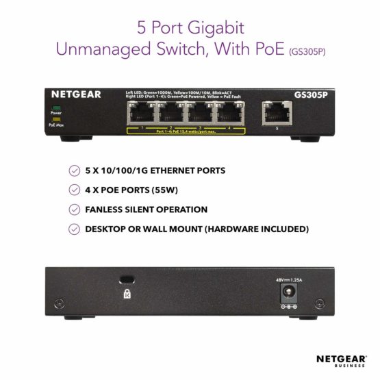 NETGEAR 5-Port Gigabit Ethernet Unmanaged PoE Switch (GS305P) - with 4 x PoE+ @ 63W, Desktop or Wall Mount - Image 2