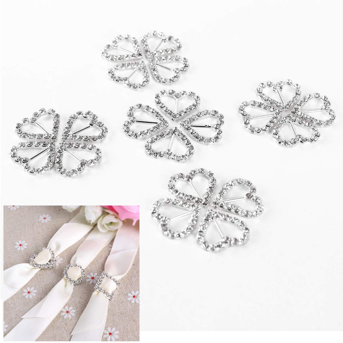 AKORD 20x Diamante Diamond Crystal Rhinestone Ribbon Buckles Sliders for Wedding Embellishment Party Invitations & Cards Making-Heart - Image 2
