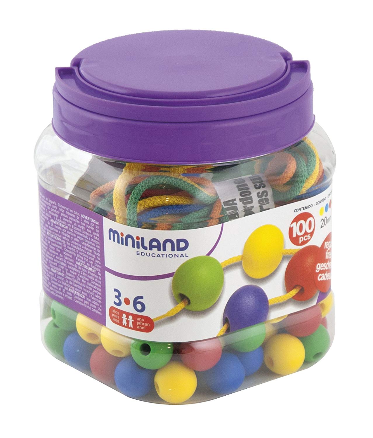 Miniland Educational 31730 20 mm Lacing Balls (Pack of 100), Multi-color