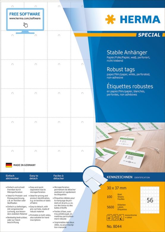 HERMA Robust Printable Tags, 56 Tags Per A4 Sheet, 5600 Tags For Laser And Inkjet Printers, Perforated, 30 x 37 mm (8044) - Image 3
