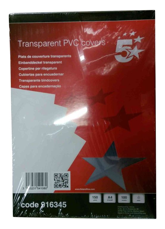 5 Star Office Comb Binding Covers PVC 150 micron A4 Clear (Pack of 100)
