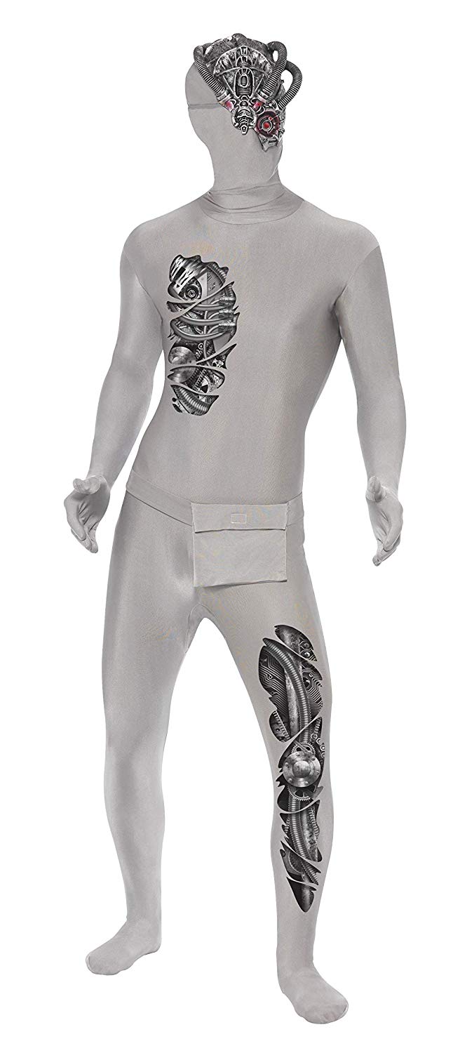 Smiffys Robotic Second Skin Costume, Grey Mask, Concealed Fly, Under Chin Opening & Bum Bag, Halloween Adult Fancy Dress
