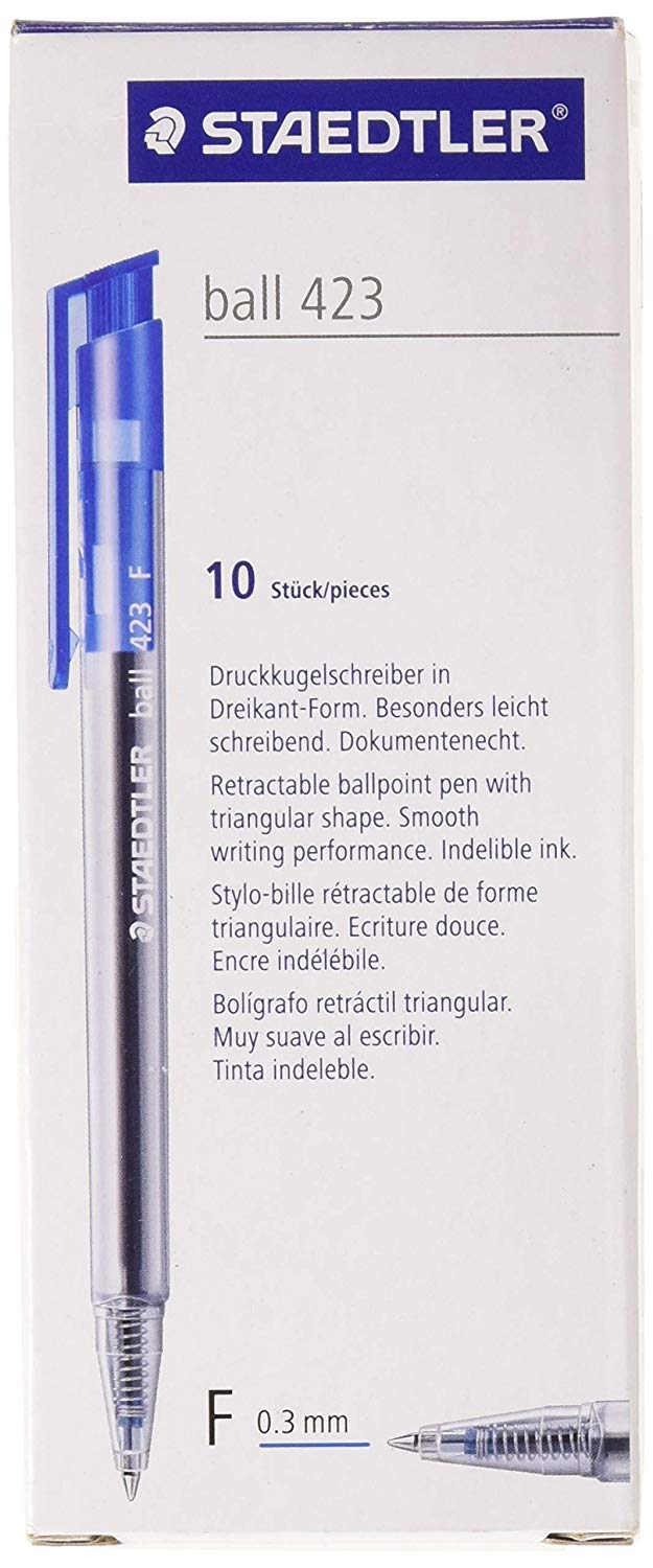 Staedtler 423 F-3 Line Retractable Ballpoint Pen, Line Width F, 0.3 mm, Box of 10 in Cardboard Case - Blue