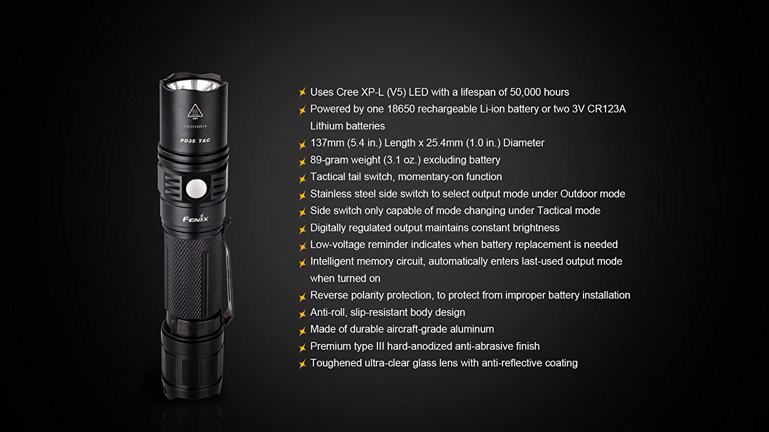Fenix PD35 Tactical Edition 1000 Lumen LED Torch(2 year warranty), Black - Image 2
