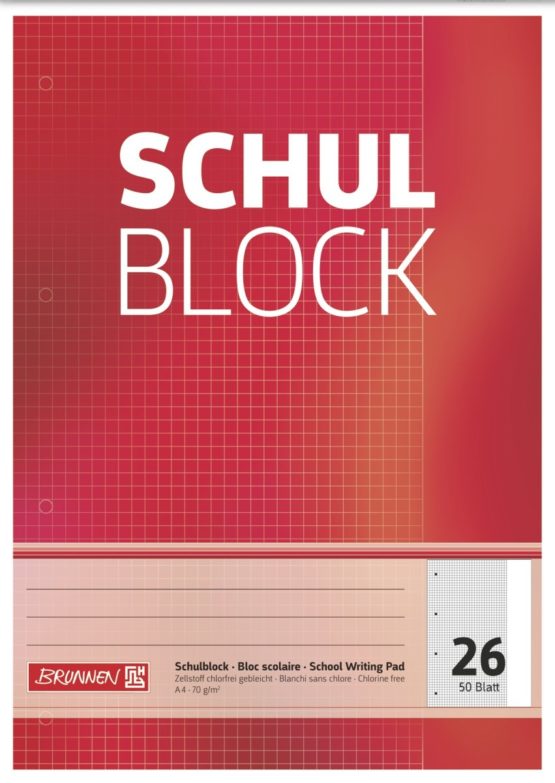 Brunnen 1052526 School Notepad A4 50 Sheets Squared with Margin Ruled Top-Glued 26 Perforated 70 g/m²