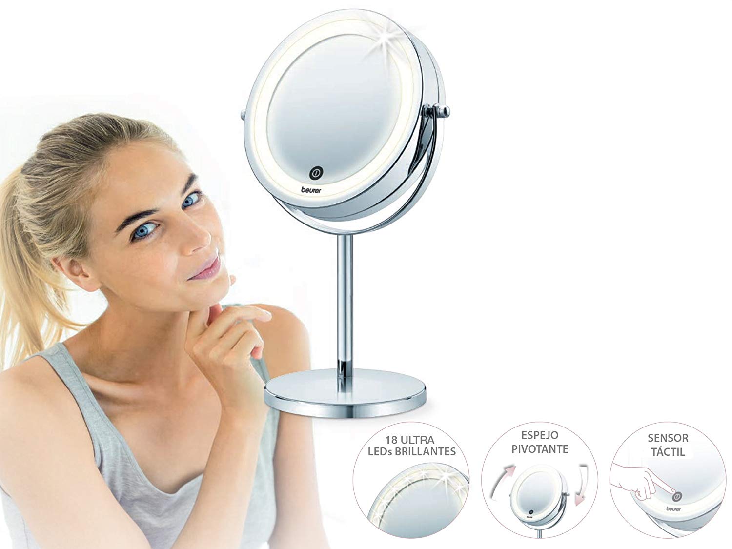 Beurer BS 55 Makeup Mirror with Light, Bright LED Light (18 LEDs), Pivoting Mirror, Touch Sensor On, 1 Side with Normal View - Image 2