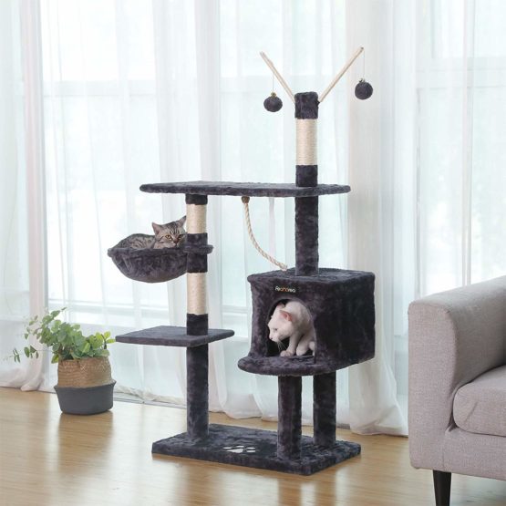 FEANDREA 134 cm Cat Tree Scratcher with big platform cat houses horsetail decorative balls Grey M PCT35G - Image 2