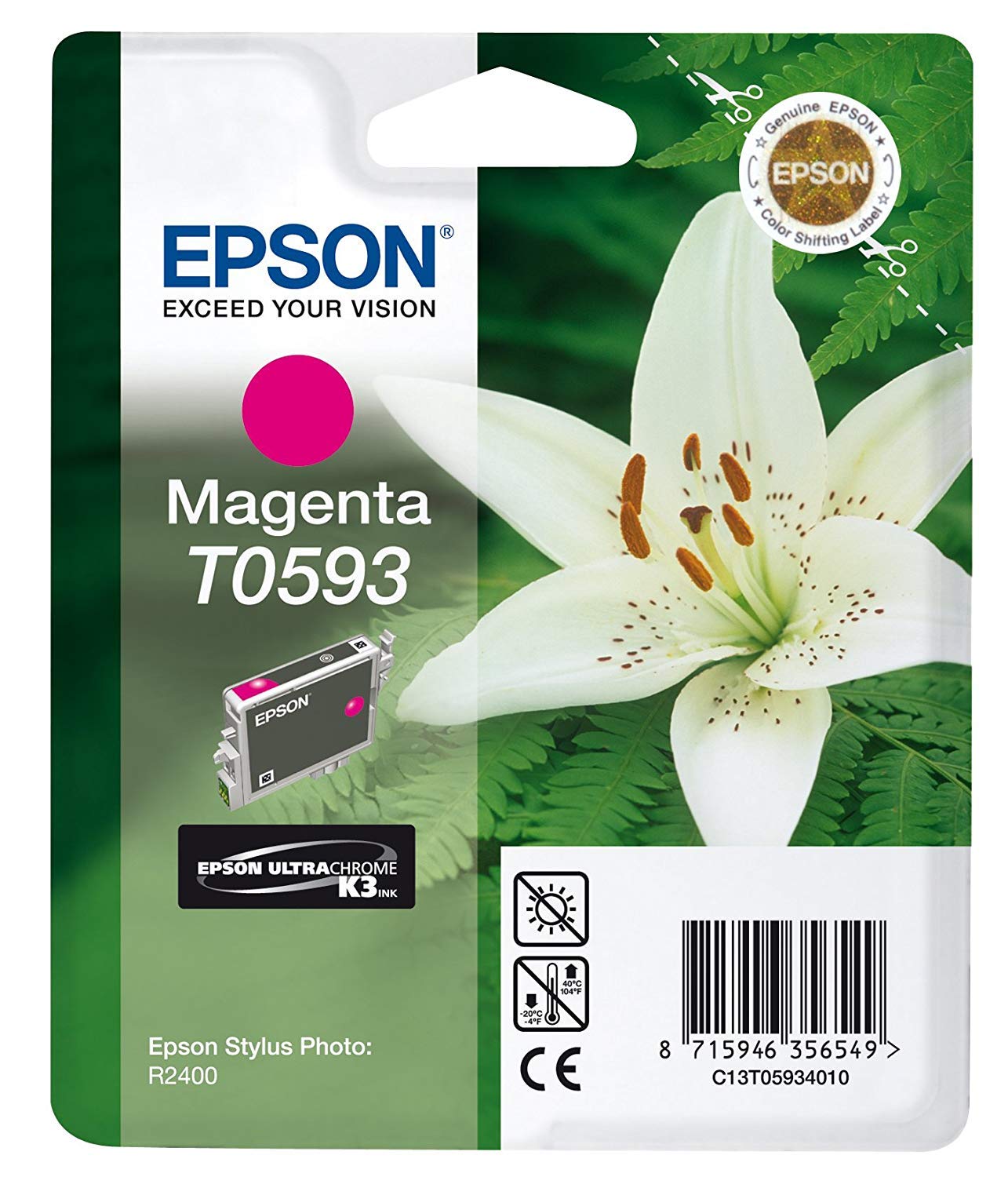 Epson magenta red ink inkjet printer cartridge T0593, standard