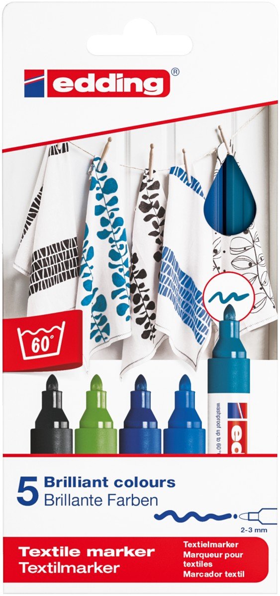 edding 4500 textile marker, black, 3x blue, green, 5 pens, round nib 2-3 mm