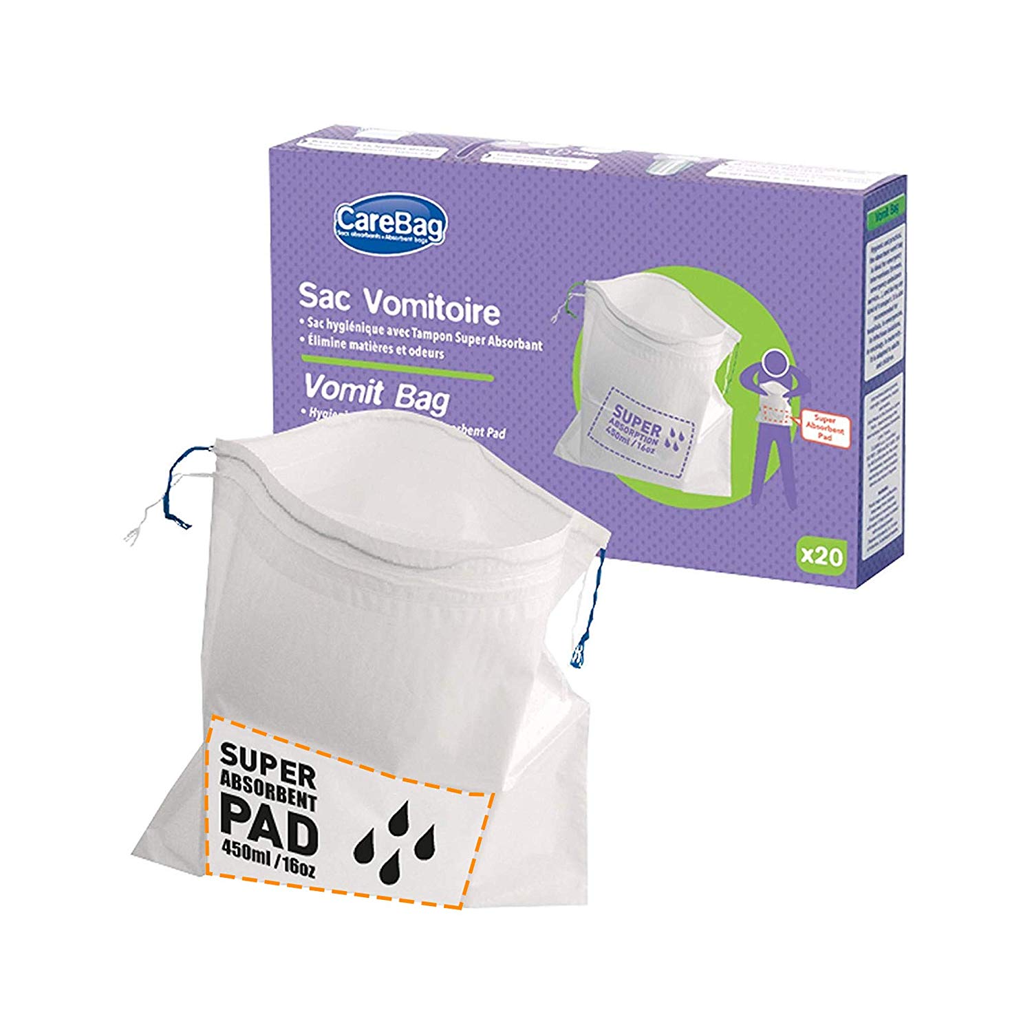 Cleanis CareBag Absorbent Sick Vomit Bags, Pack 20 Sickness Bags, Red