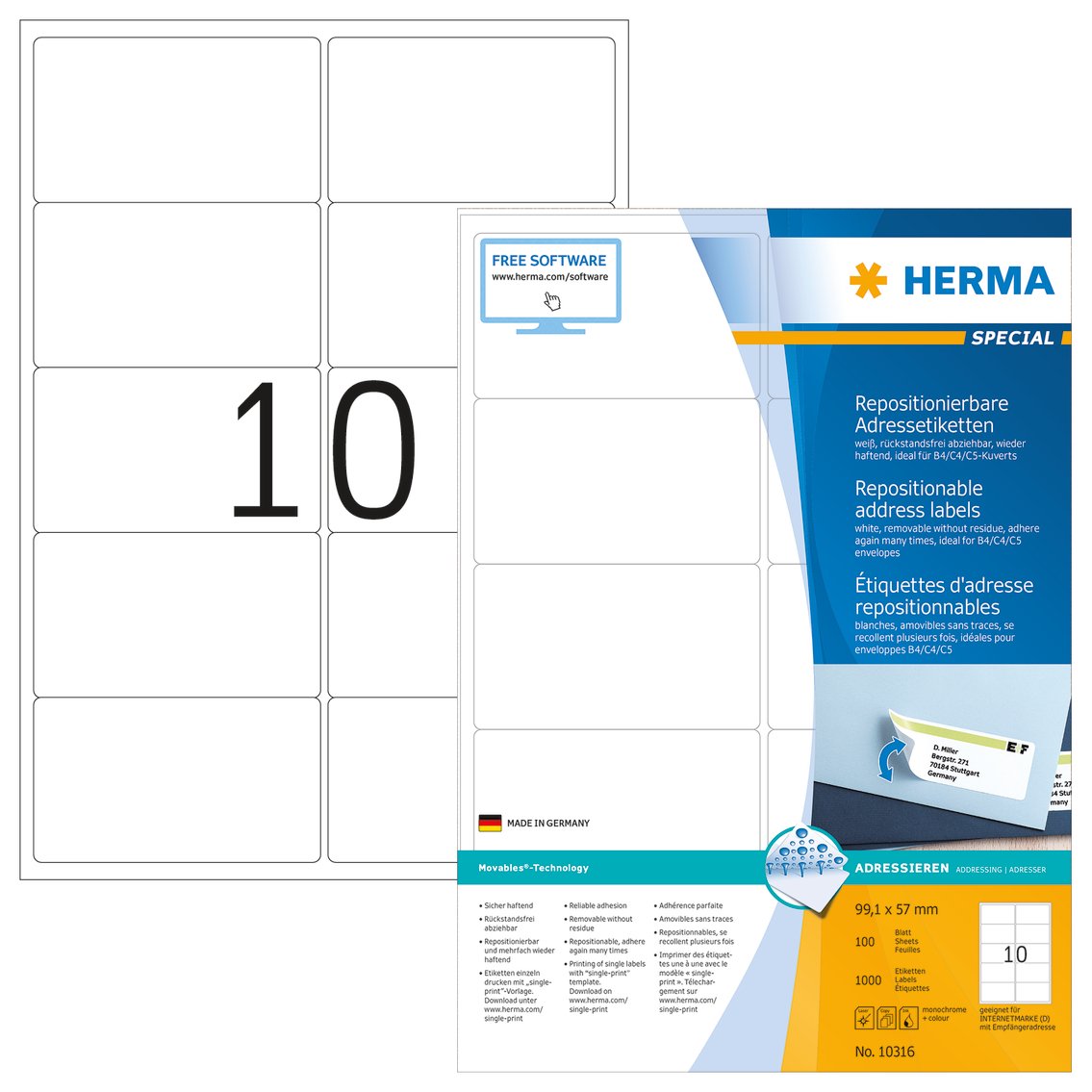 HERMA Self Adhesive Removable Labels, 10 Labels per A4 Sheet, 100 Sheets, 99.1 x 57 mm, 1000 Labels
