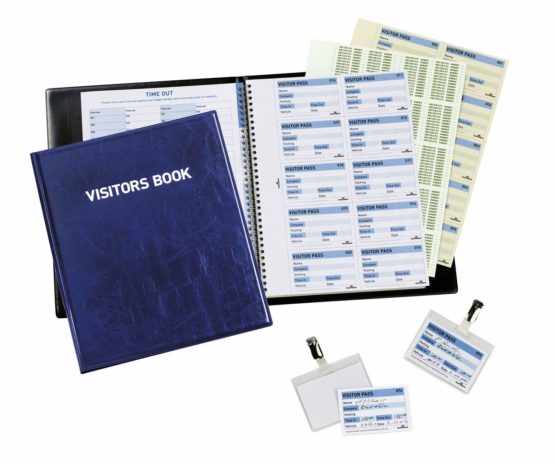 Durable Visitor Book 100 - with Leather Look Front Cover - 100 Perforated 90 x 60 mm Visitor Badge Inserts - GDPR Compliant Security Sheet Included