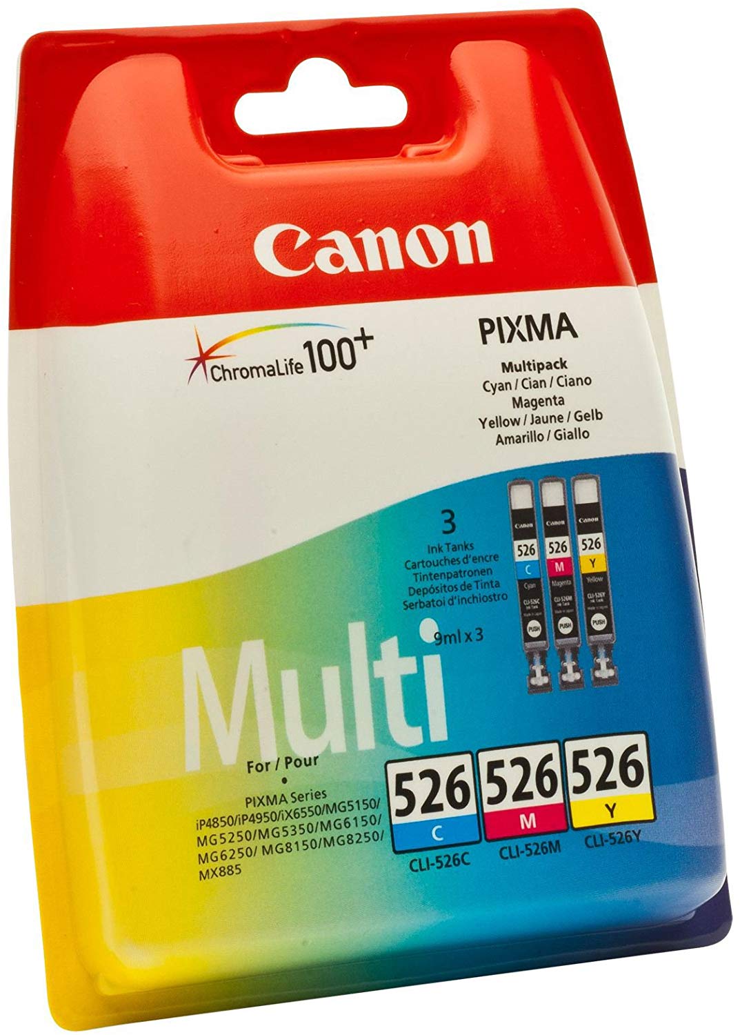 Canon CLI-526 C M Y Pack of 3 cartridges (Cyan Magenta Yellow) Genuine Canon (Plastic Pack), Standard