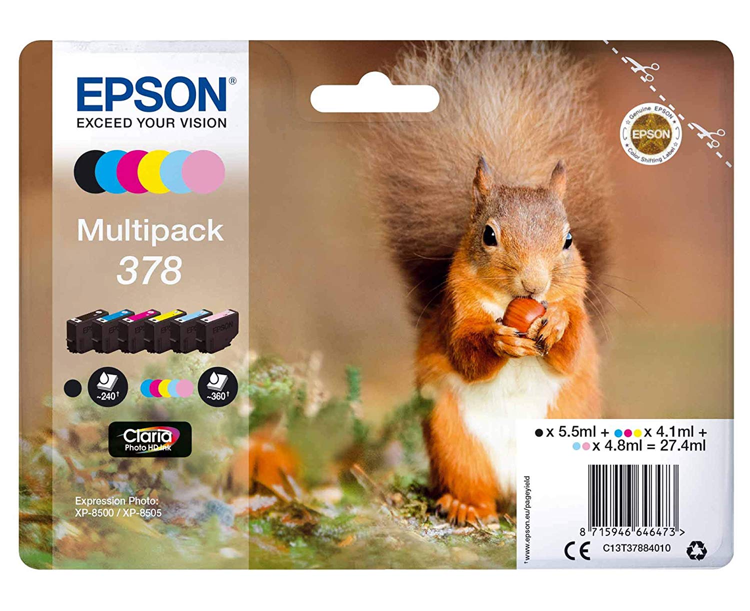 Epson 378 Squirrel Genuine Multipack, 6-colours Ink Cartridges, Claria Photo HD Ink, 6 Colour C/M/Y/B/lC/lM, Standard Capacity