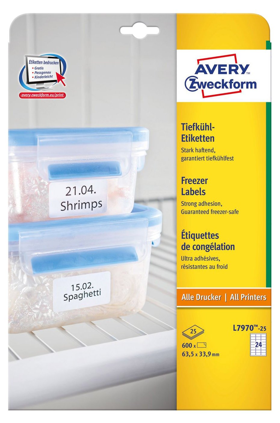 Avery Zweckform L7970-25 Deep Freezer Labels / 63.5 x 33.9 mm / 25 Sheets / 600 Labels White, 63,5x33,9mm