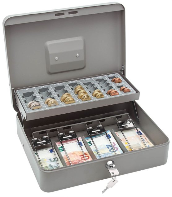 Wedo Standard Plus 149858012 Counter Box Capacity 137.60 Coins, Security Lock, 4 Compartment Insert for Notes, Carry Handle, 30 x 24 x 9 cm, Powder-Coated Sheet Steel, Grey - Image 2