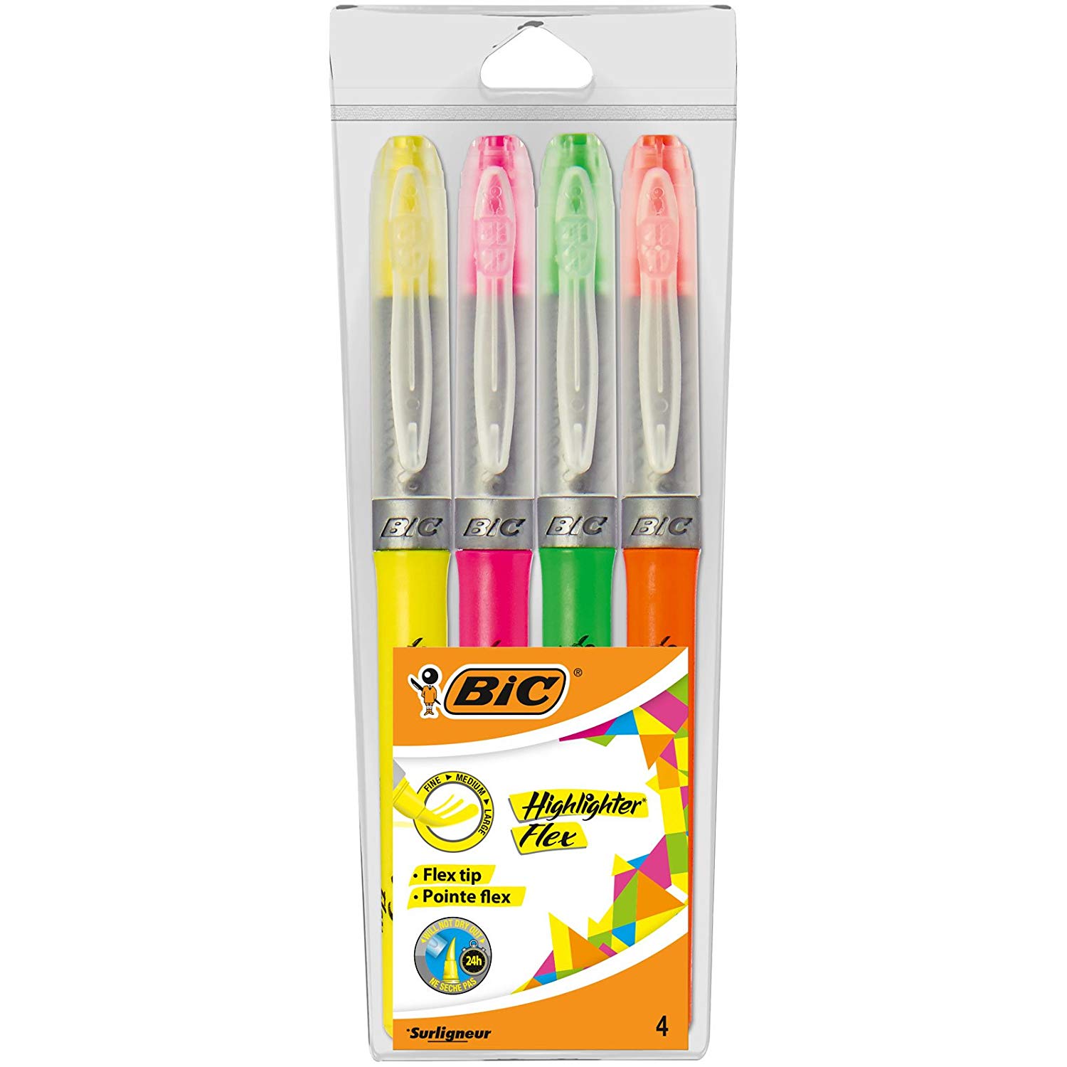 BIC Highlighters Flex Assorted Fluorescent Colours 4 Pack, Assorted Colours, 1 count (Pack of 4)