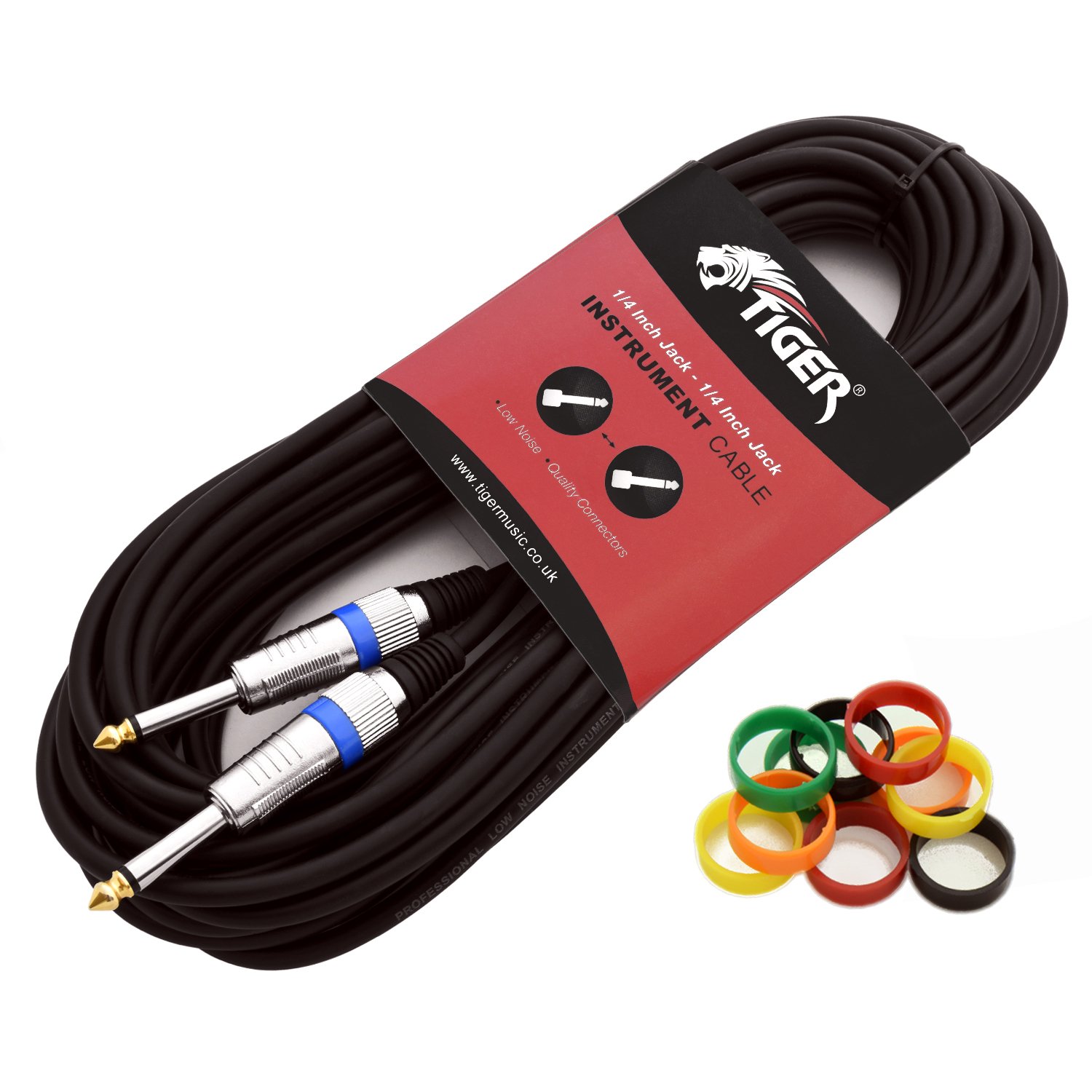 TIGER GTC4-06 6 Metre 20 Foot - 6.35mm 1/4 Inch Jack to Jack Lead Guitar Instrument Cable with Interchangeable Coloured Loops