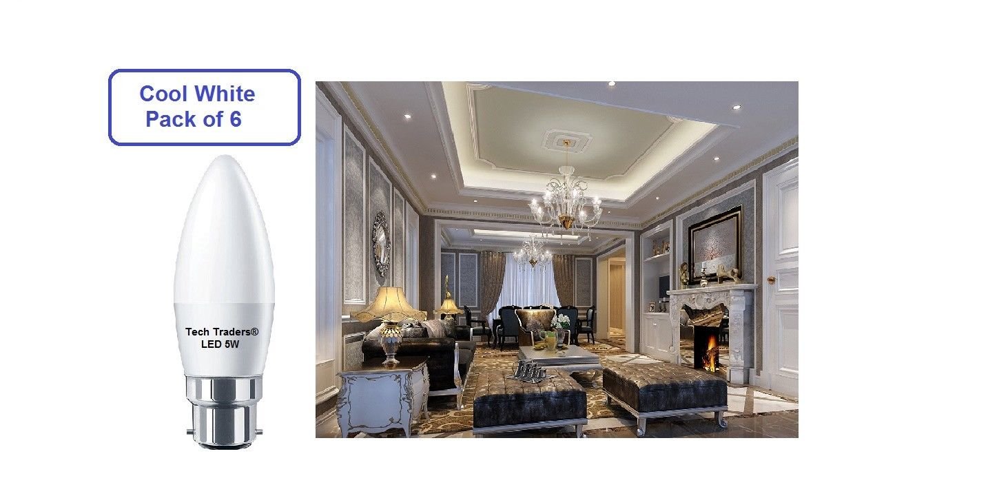 Tech Traders C37 Bayonet LED Candle Bulbs Cool White, Cool White 6000k, 6 Count (Pack of 1) - Image 2