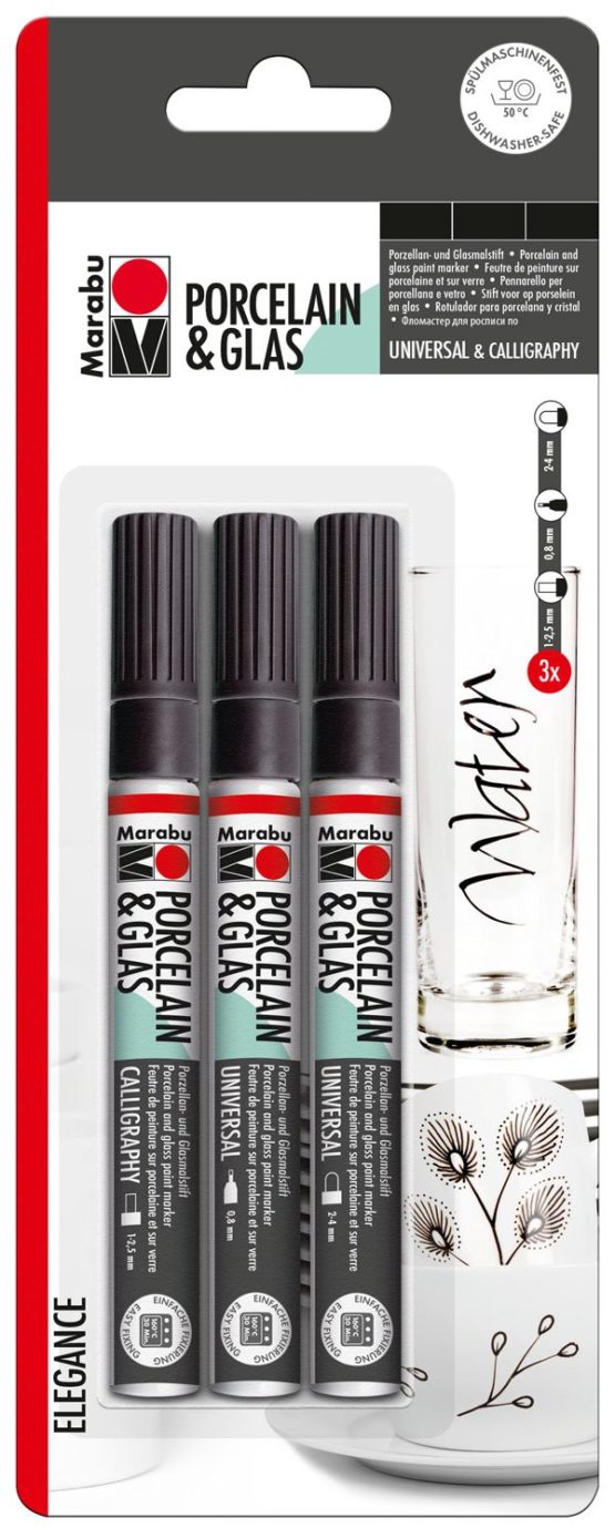 Marabu 0123000000084 Porcelain & Glass Painter Set Elegant High-Gloss Water-Based Porcelain and Glass Paint Pen Dishwasher Safe After Burning 3 Black Pens Various Line Widths