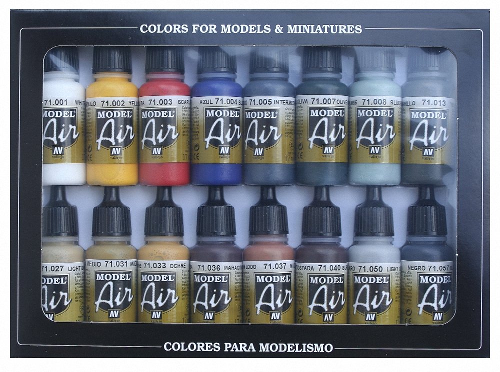 Vallejo Model Color Set, 16 Basic Acrylic Paints for Airbrush Matte Finish, 18 ml Bottles with Dropper, Ideal for WWII Aircraft Models