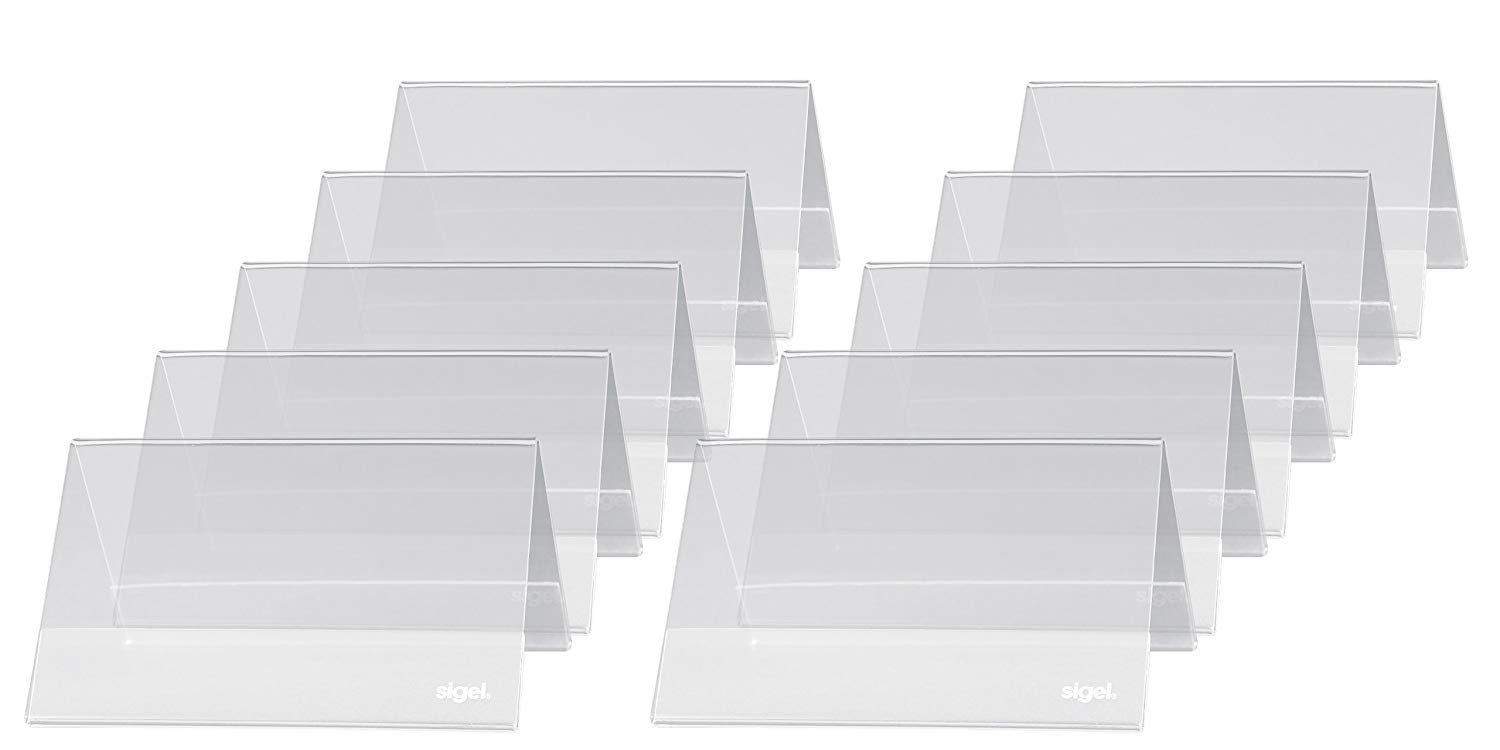 SIGEL TA136 Sign Holder, tent form, for 10 x 6 cm, double-sided presentation, rigid plastic, transparent, 10 Pieces
