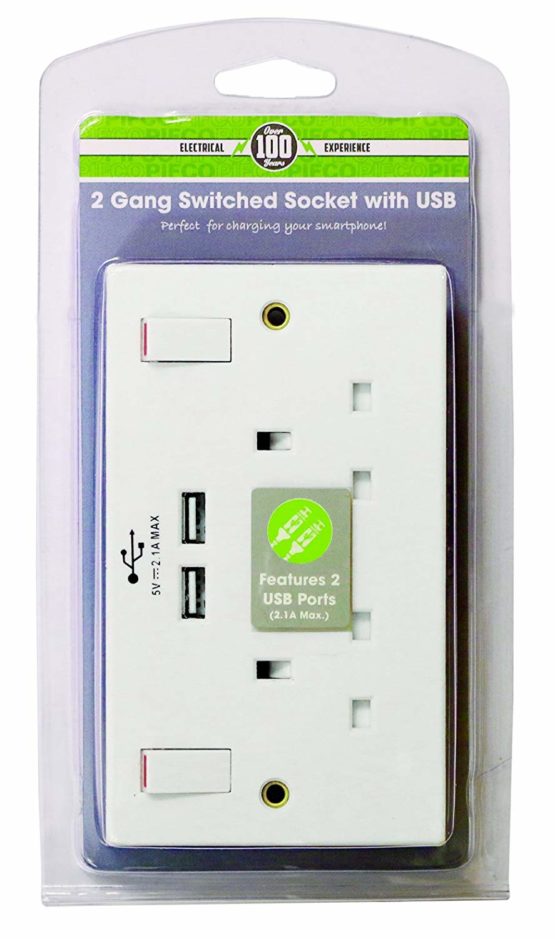 Pifco ela1152 Double Wall Socket with 2 x USB Charger, White