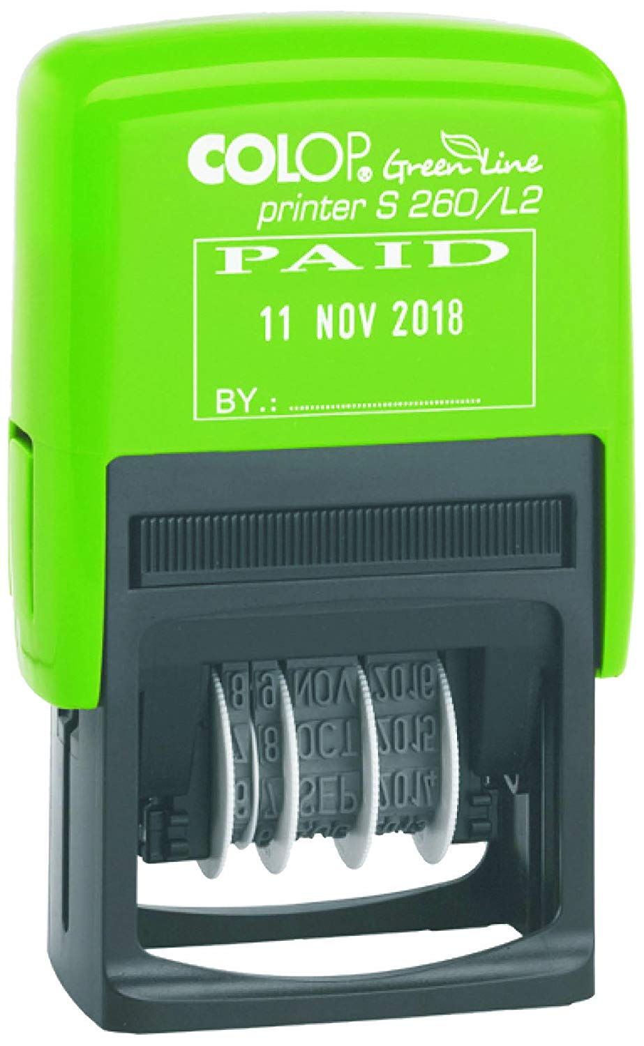 Colop S260/L2 Green Line Text Dater PAID Self-Inking Imprint 45x24mm Blue/Red Ref 15560250, Small
