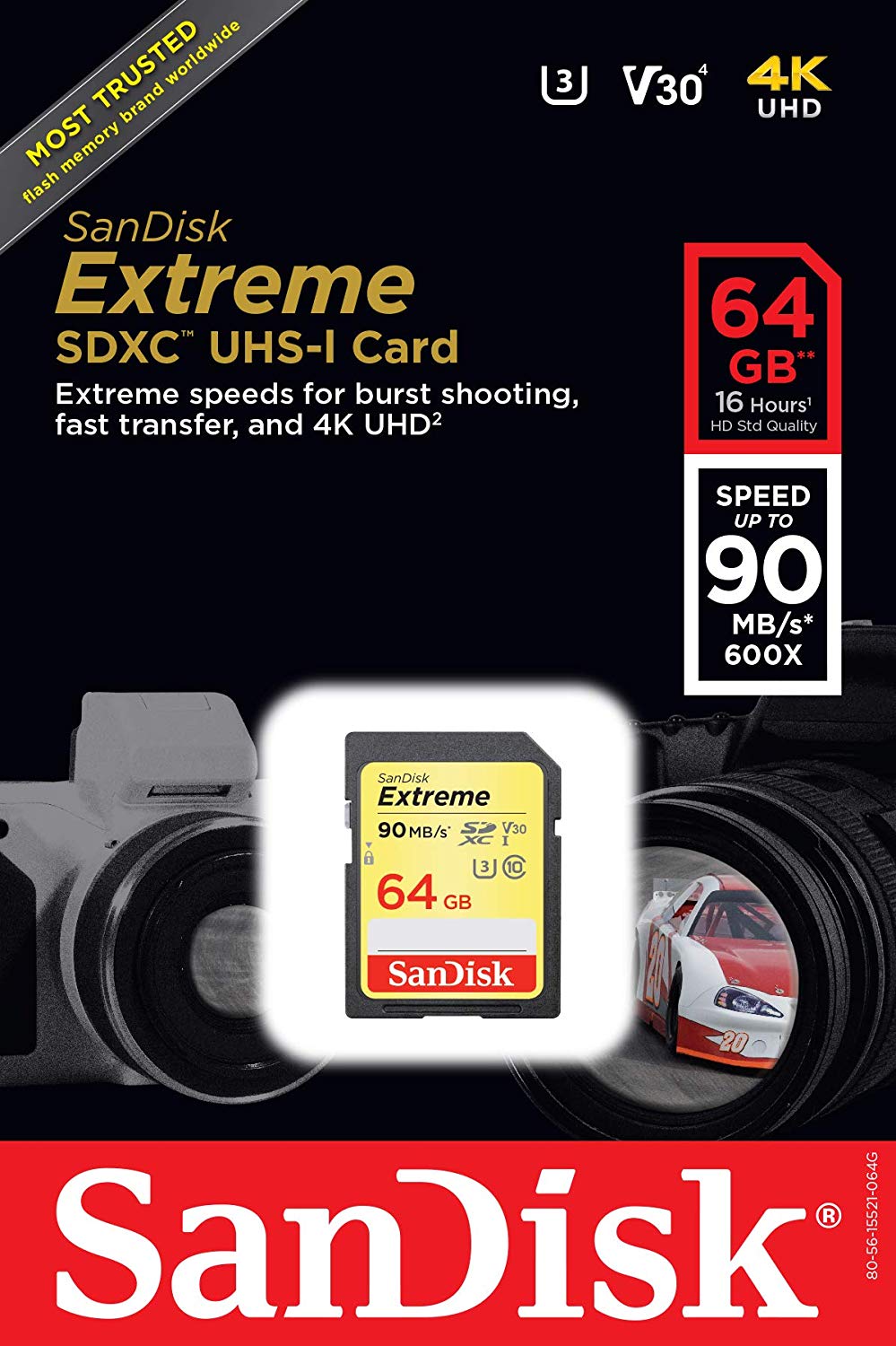 SanDisk Extreme 64GB SDXC Memory Card up to 90MB/s, Class 10, U3, V30, Black - Image 4
