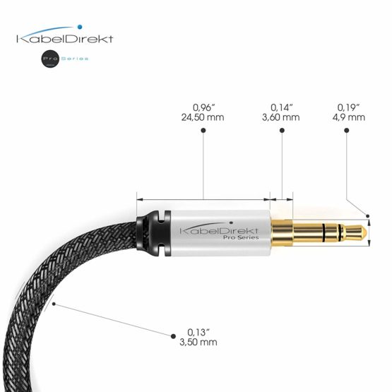 KabelDirekt – 1m – Aux & 3.5mm headphone jack cable (stereo audio cable, practically unbreakable metal casing, tangle-free nylon braiding, for smartphones/notebooks & other devices, black/silver) - Image 2