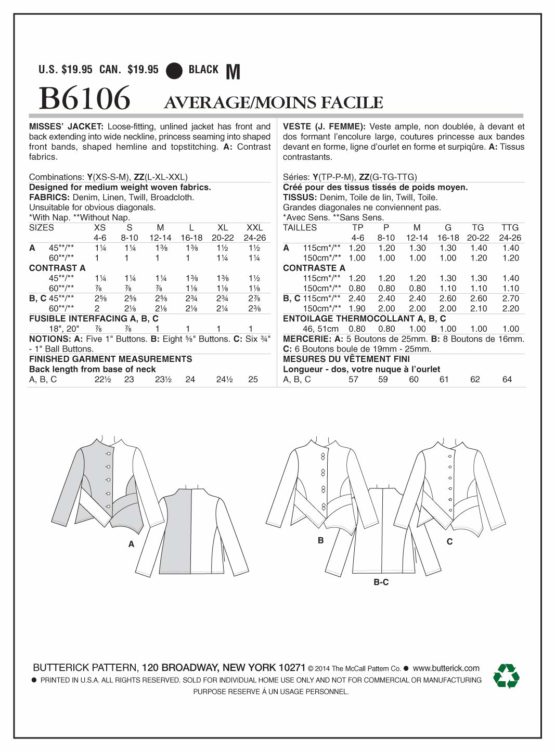 Butterick Patterns 6106 ZZ Sizes Large 16 - 18/ Extra-Large 20 - 22/ Extra-Large 24 - 26 Misses Jacket - Image 2