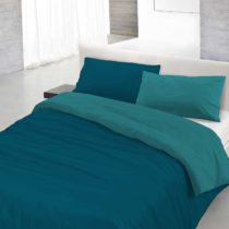 Italian Bed Linen Natural Color Duvet Cover Set with Doubleface Solid Colour Bag Sheet and Pillowcase, 100% Cotton, Petrol Bottle Green, single