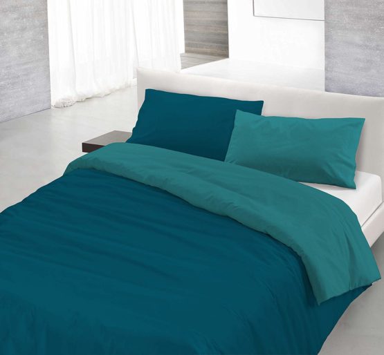 Italian Bed Linen Natural Color Duvet Cover Set with Doubleface Solid Colour Bag Sheet and Pillowcase, 100% Cotton, Petrol Bottle Green, single