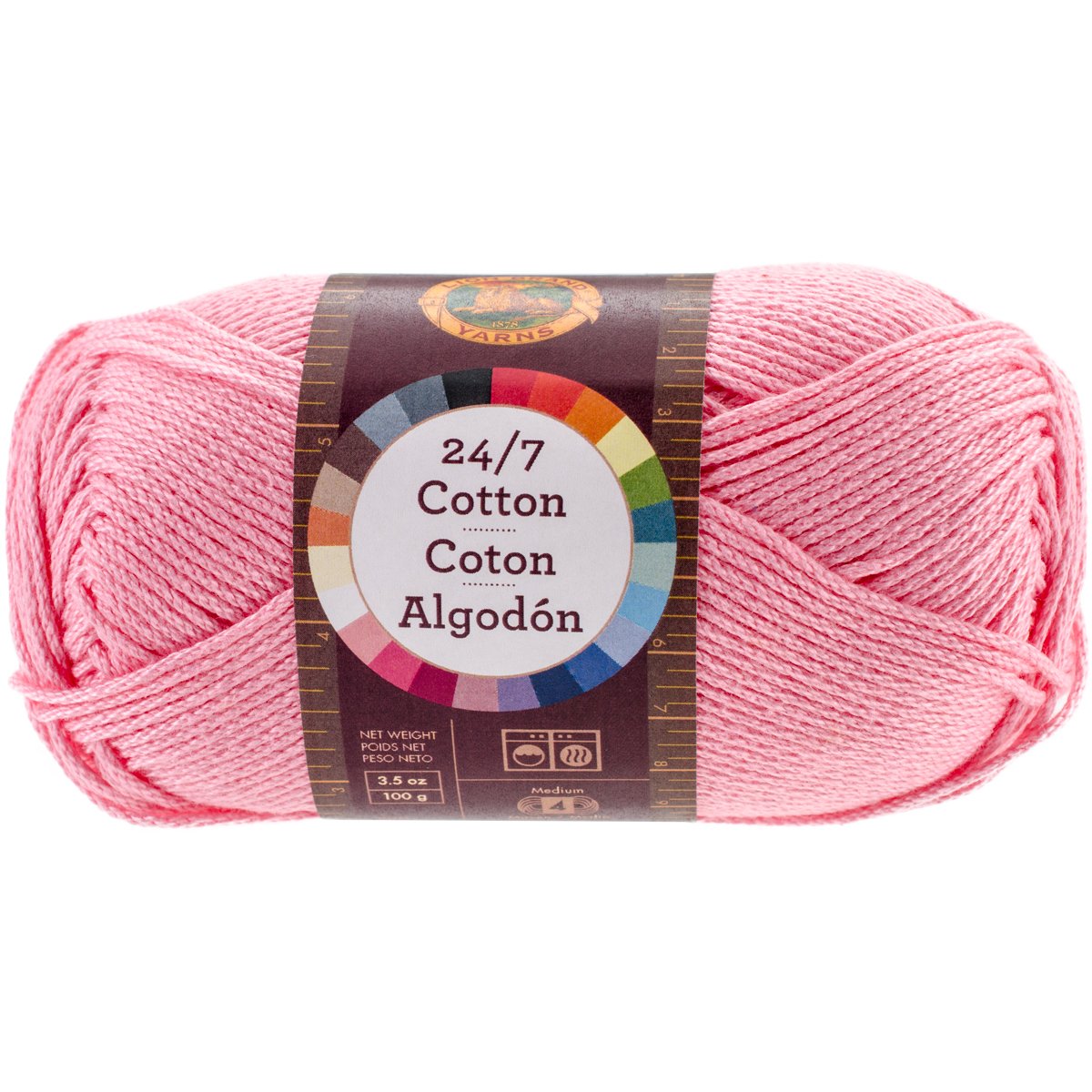 Lion Brand Yarn, 24/7 Cotton Mercerized Lightweight Yarn for Knitting Crochet, and Crafts, Pink, 1 Pack