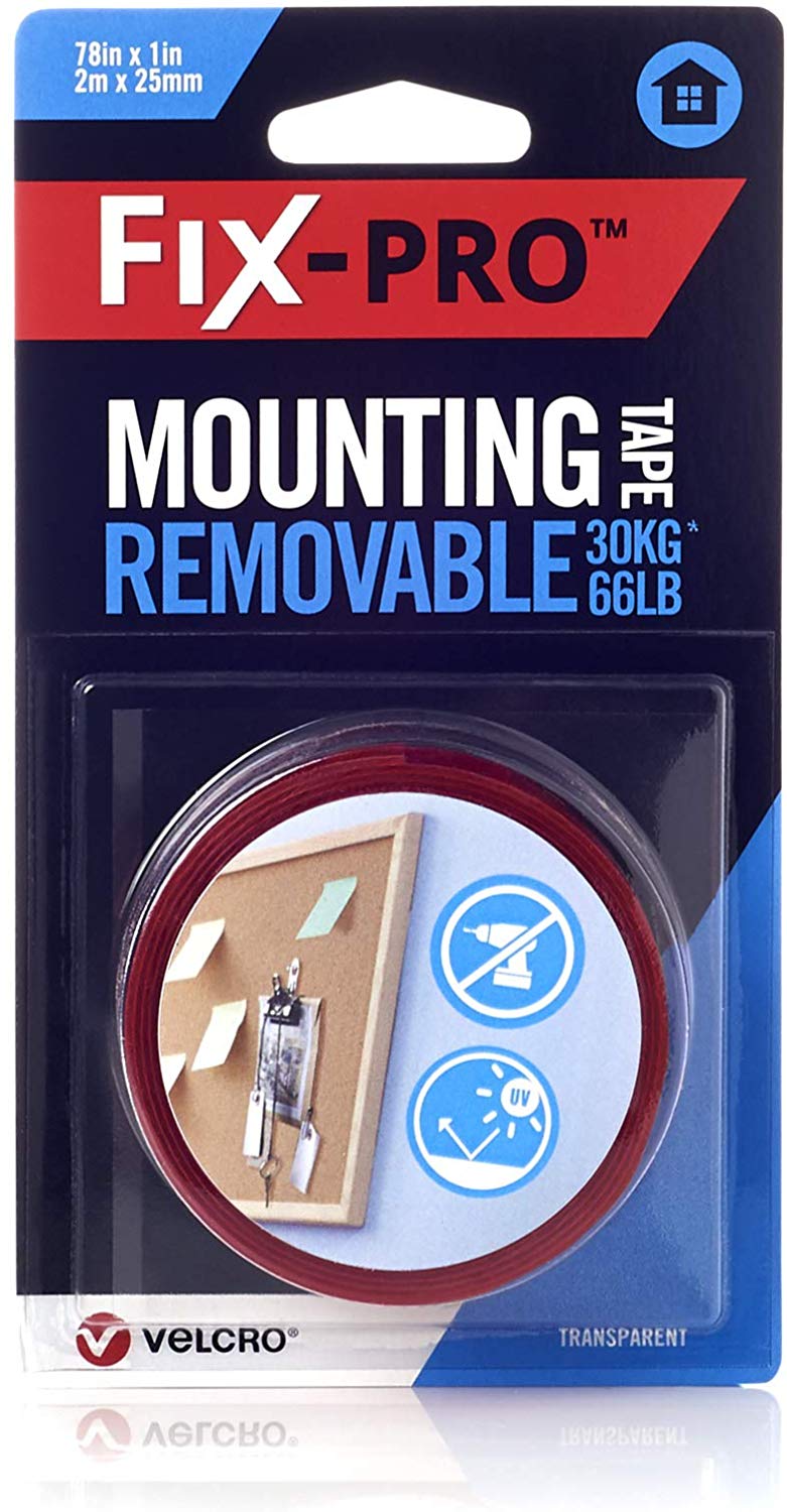 VELCRO Brand FIX-30671-WEU FIX-PRO Mounting Tape Removable-2m, Clear, 2m x 25mm
