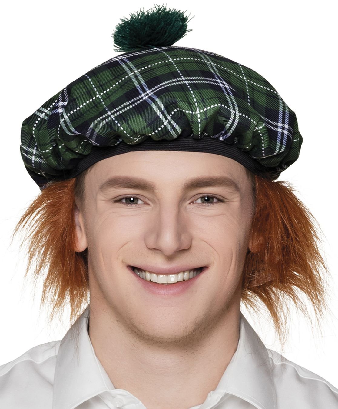 Boland Mr. Tartan Beret - Green Scottish Checked Hat with Hair - Ideal Accessory for Scottish Fancy Dress Carnival, and Theme Parties