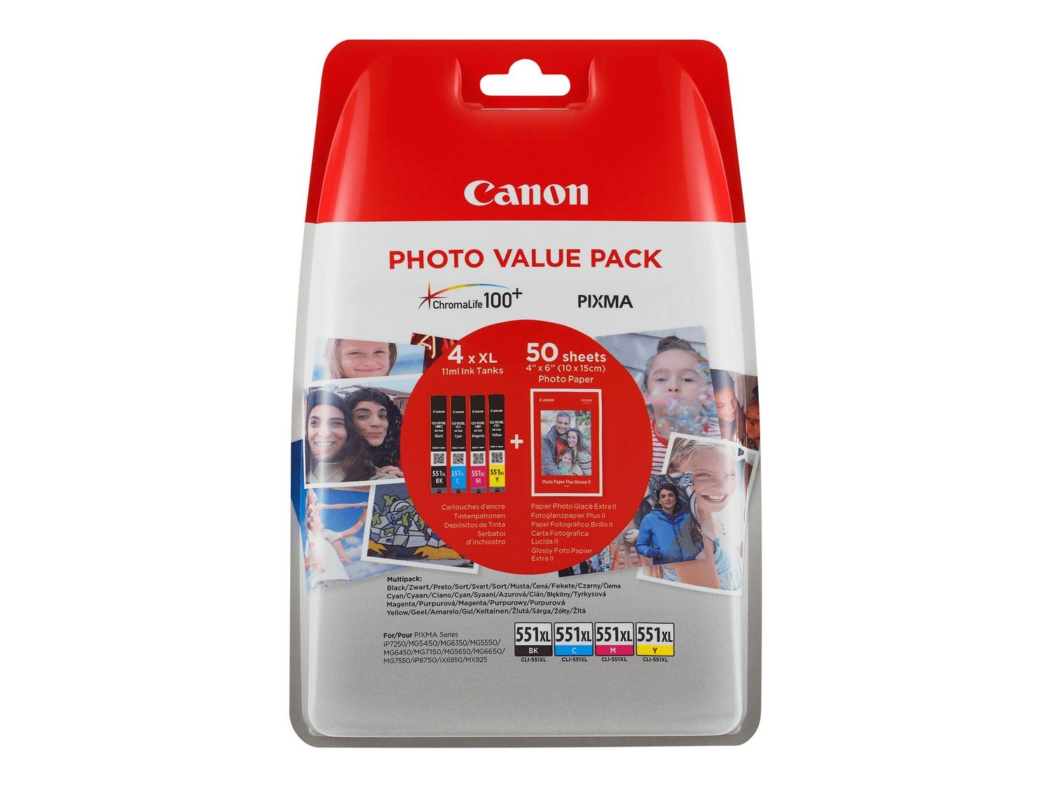 Canon CLI-551 XL C M Y BK Pack of 4 cartridges (Black XL Cyan XL Magenta XL Yellow XL) Genuine (Plastic Pack)