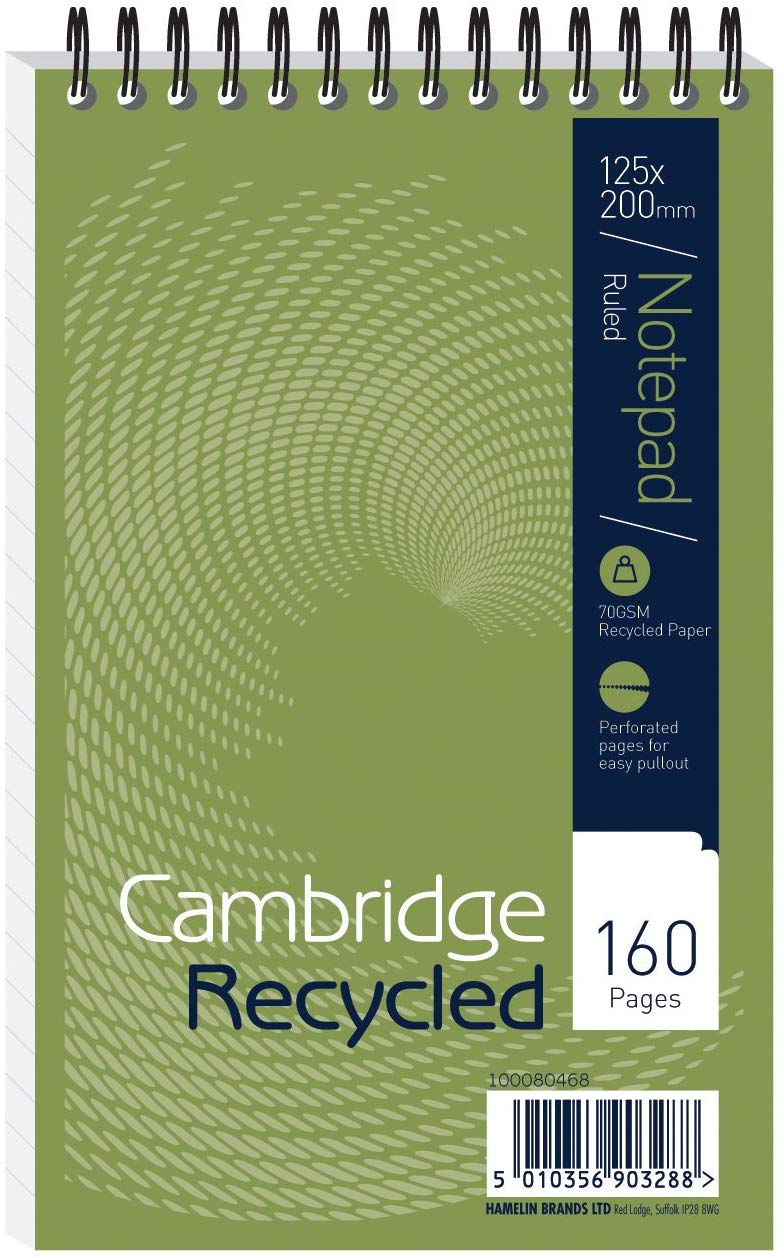 Cambridge Recycled Reporters Notepad - Card Cover Wirebound 125 x 200 mm Ruled 160 Page, Pack of 10, 100080468