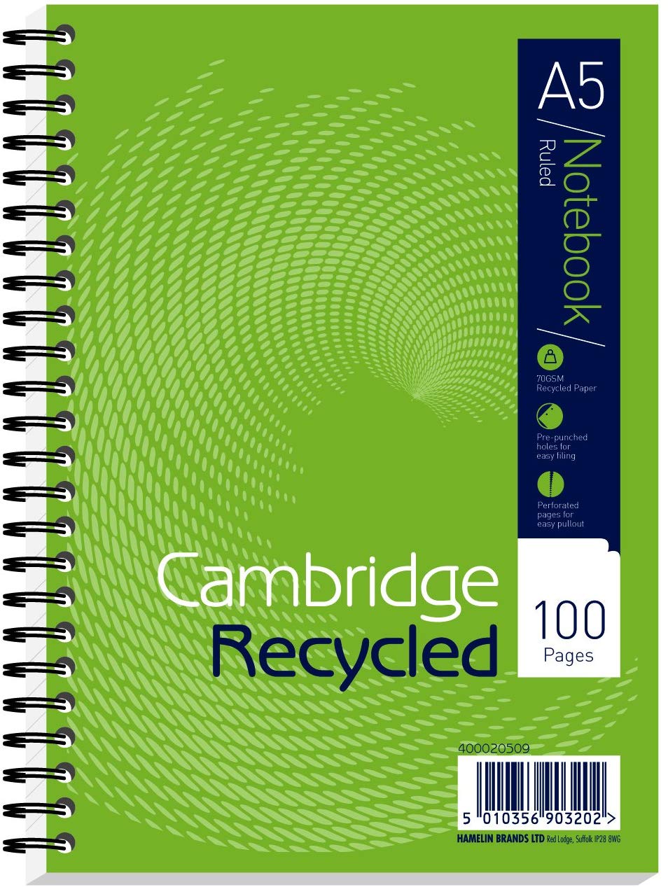 Cambridge Recycled A5 100 Pages Card Cover Wirebound Notebook - Pack of 5, Black