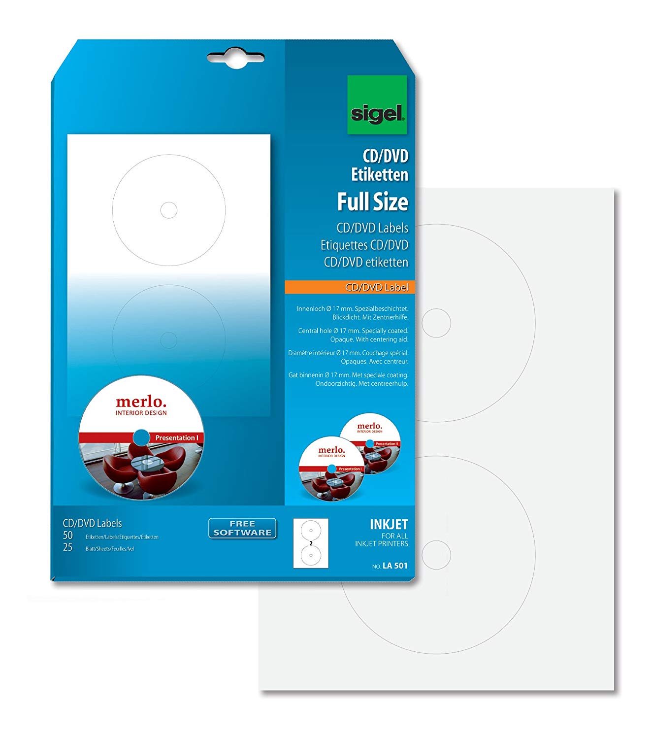 SIGEL LA501 CD/DVD Labels with centering aid, diameter 11.7 cm (center diameter 1.7 cm), 50 lbl equal to 25 sheets, White