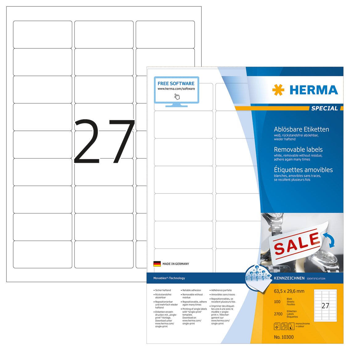 HERMA Self Adhesive Removable Labels, 27 Labels per A4 Sheet, 100 Sheets, 63.5 x 29.6 mm, 2700 Labels
