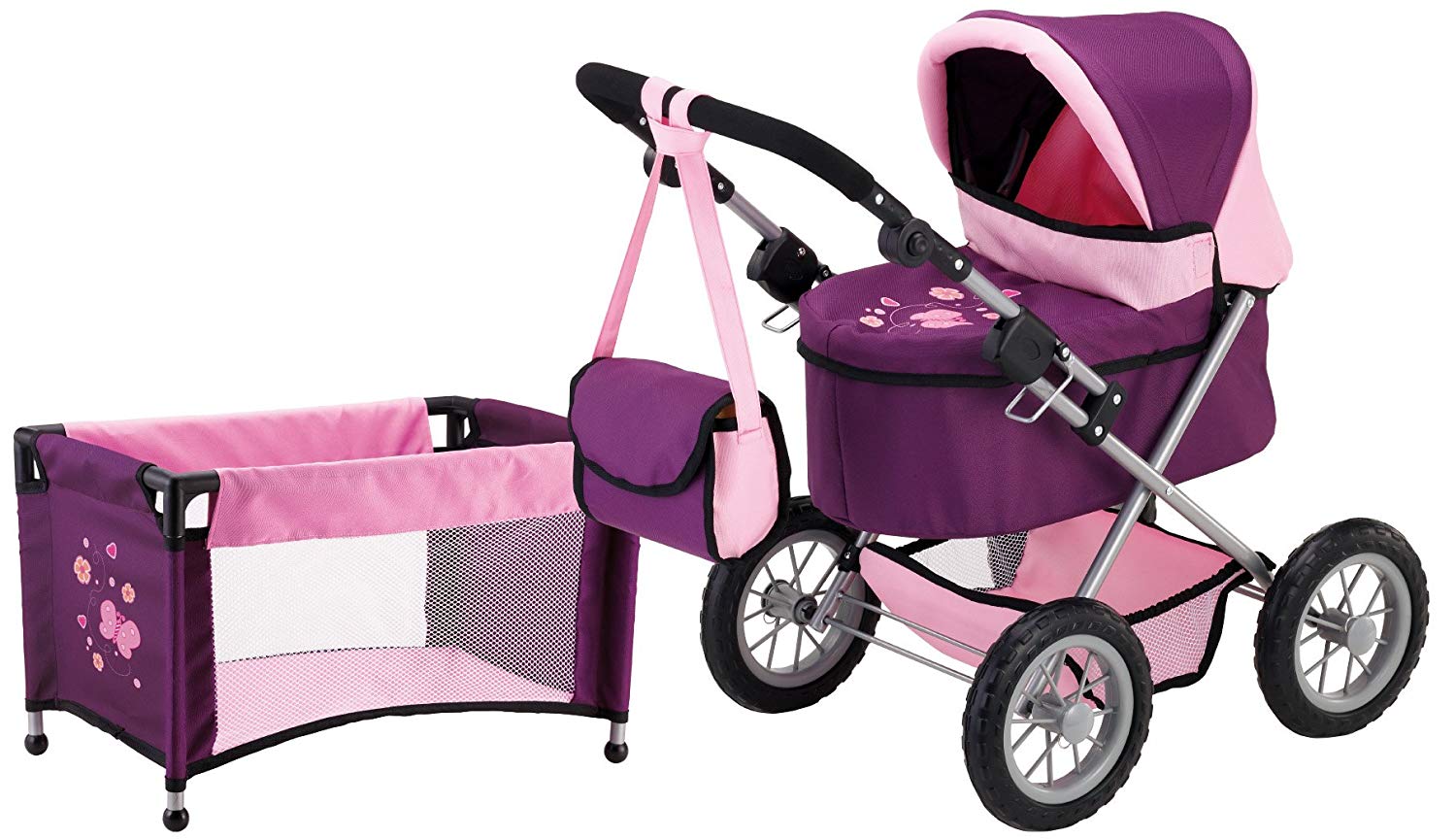 Bayer Design 13057AB Dolls Pram Trendy Set, stroller, adjustable handle, foldable, bag and bed, Pflaume, Small
