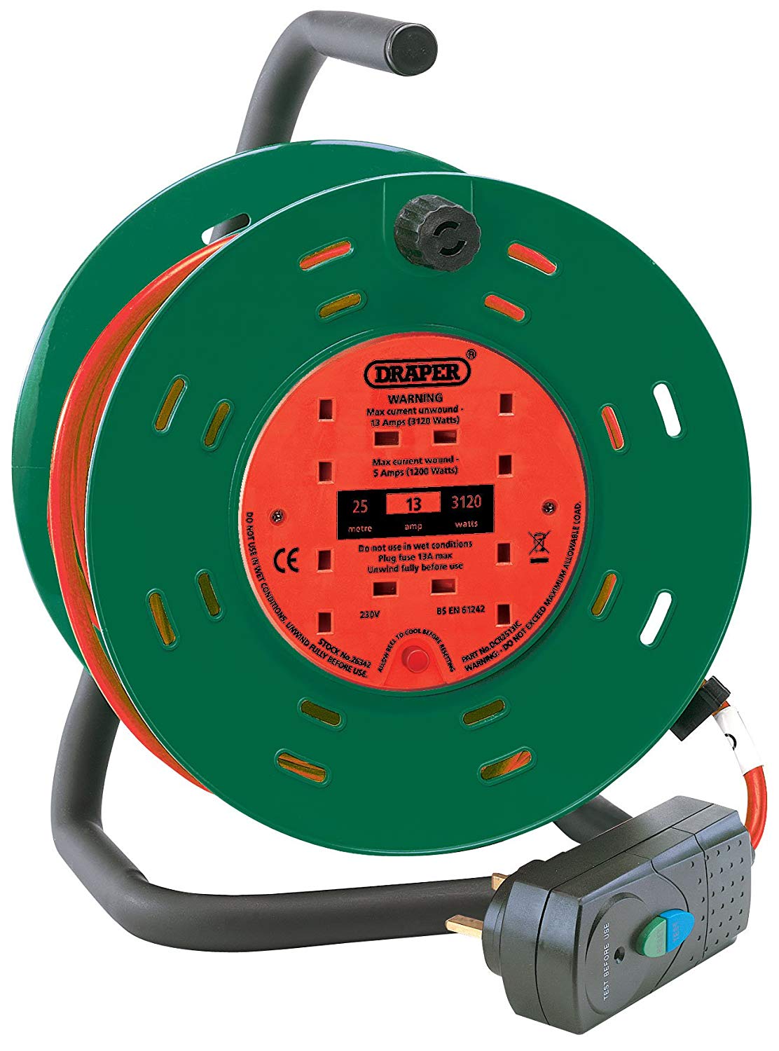Draper 26341 Four Socket Garden Cable Reel with RCD Adaptor, 25m, 230V, 25 M
