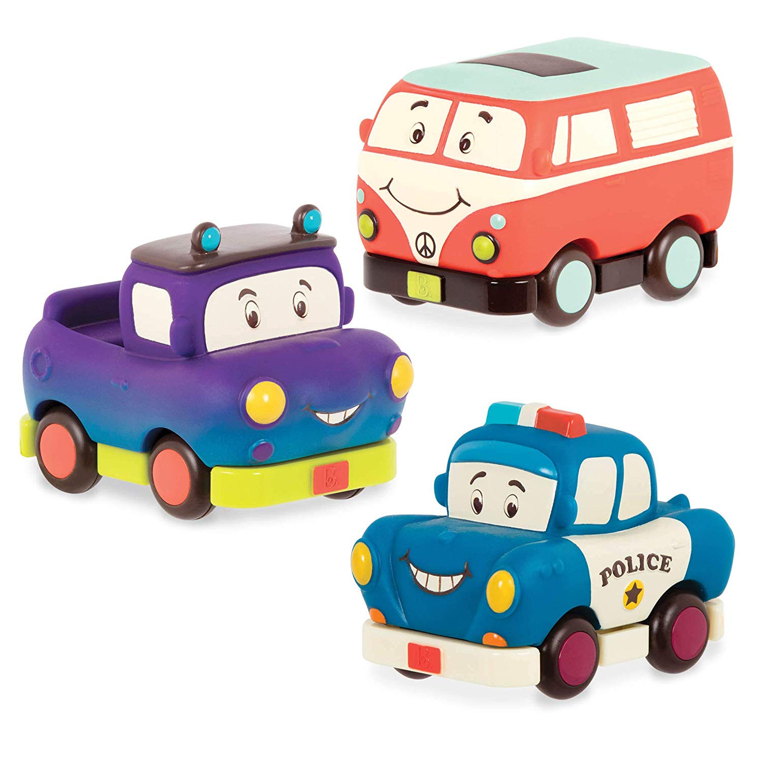 B. toys - Mini Pull - Back Vehicles Set - Set of 3 Vehicles - Truck, Camper Van, Police - 12+ Months, Multicoloured, 9 Cm