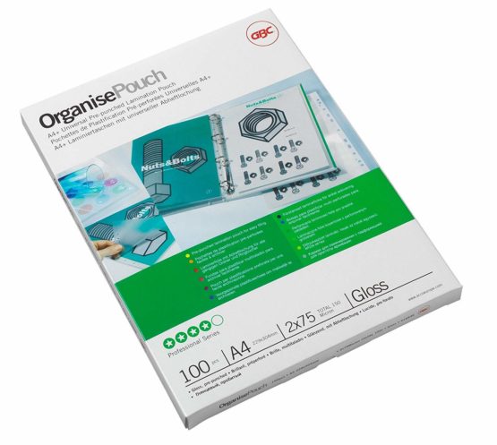 GBC A4+ 2x75 Micron Organise Gloss Laminating Pouches, Pack of 100, 41664E