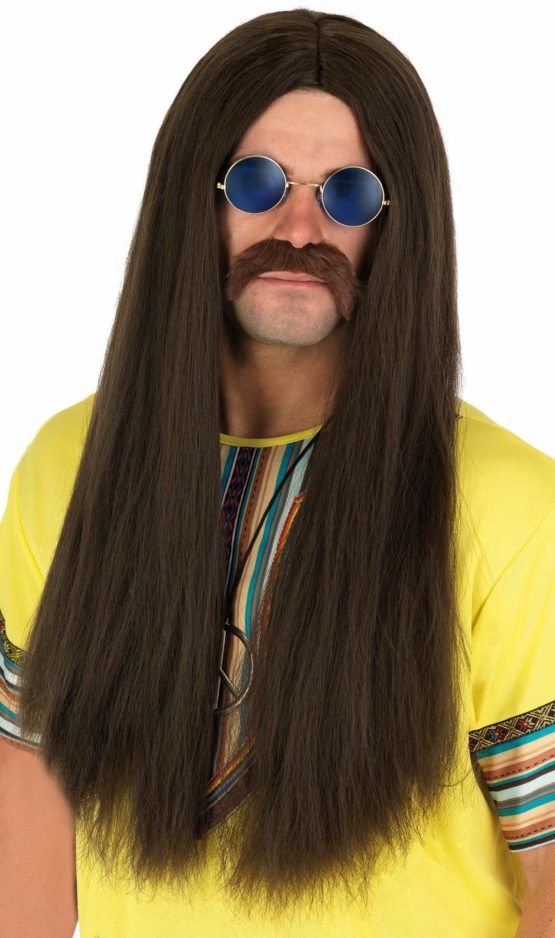 Fun Shack Mens Long Hippie Wig Brown 70s Straight Hair Accessory With Glasses Perfect for 1970s Disco, Parties and Halloween - Image 2