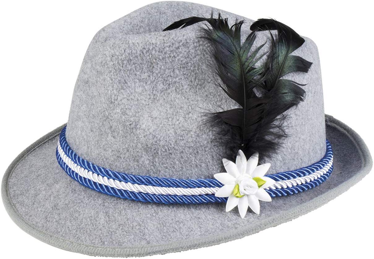 Boland Oktoberfest Hat, Grey Tyrolean Style Bavarian Hat with Blue and White Cord, Edelweiss Flower and Feather