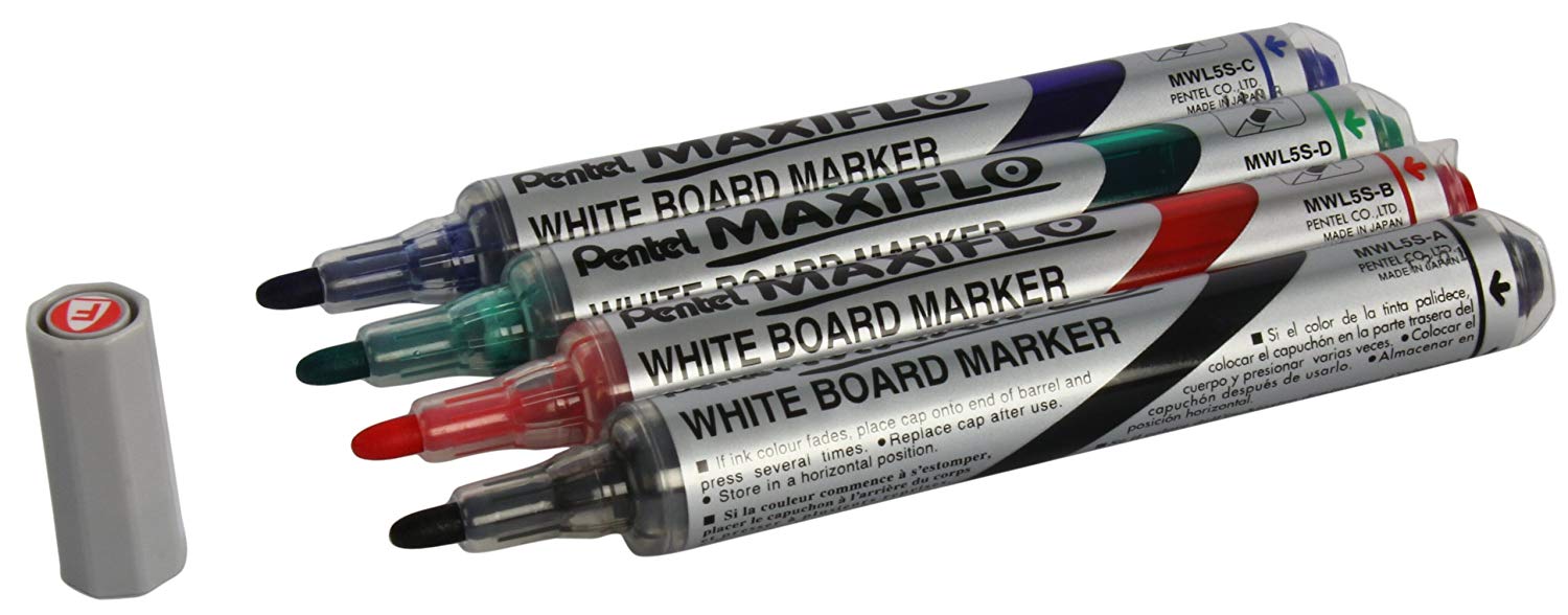 Pentel Maxiflo Whiteboard Marker Fine Bullet Tip (Assorted Pack of 4), multicoloured