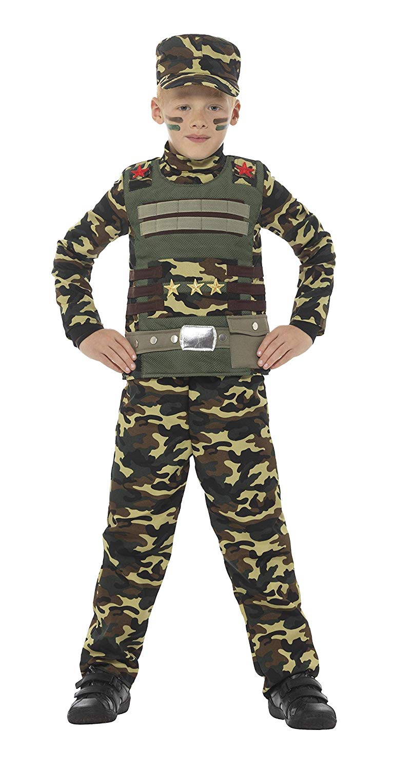 Smiffys Camouflage Military Boy Costume, Green with Top, Trousers & Hat, Boys Fancy Dress, Army Dress Up Costumes